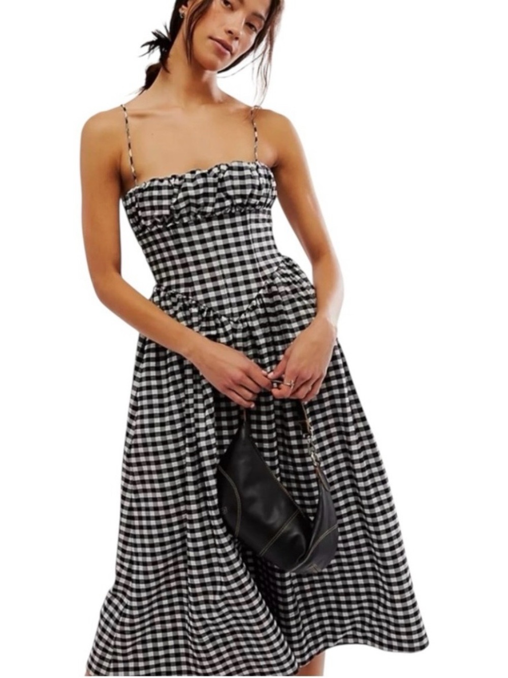 Ronny Kobo Barrett Midi Dress Medium Black Off-White Gingham Shirred Bodice $478